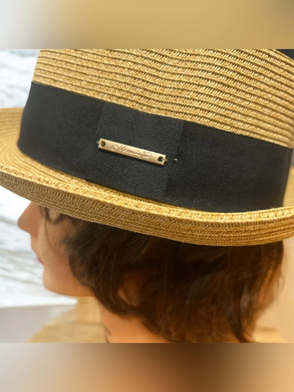 Women's Tan Straw Boater Hat with Black Band